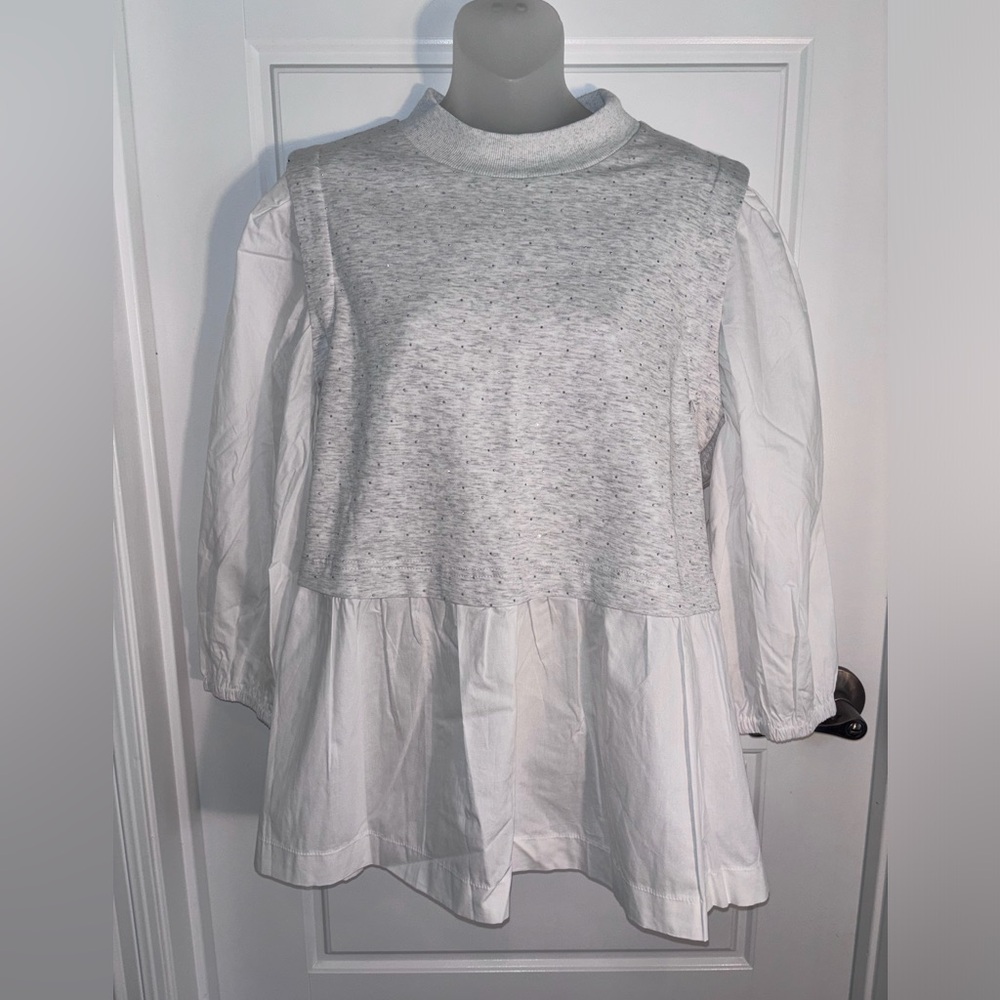 j. lbk Pullover White & Grey with 10” Gathered Cotton Hem Size 2XL NEW